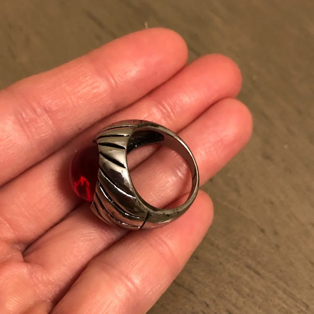 Red Faux Gemstone Silver Tone Cocktail Ring - Costume Jewelry